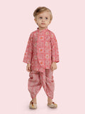 Festive Floral Pink Motif Printed Kurta Set with Dhoti for boys