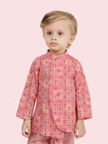 Festive Floral Pink Motif Printed Kurta Set with Dhoti for boys