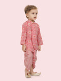 Festive Floral Pink Motif Printed Kurta Set with Dhoti for boys