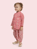 Festive Floral Pink Motif Printed Kurta Set with Dhoti for boys