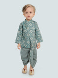 Sea Green Motif Printed Kurta Set with Long Sleeve Kurta & Dhoti Style bottom for Boys