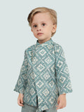 Sea Green Motif Printed Kurta Set with Long Sleeve Kurta & Dhoti Style bottom for Boys