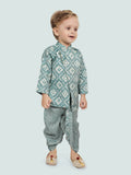 Sea Green Motif Printed Kurta Set with Long Sleeve Kurta & Dhoti Style bottom for Boys