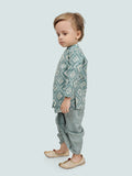 Sea Green Motif Printed Kurta Set with Long Sleeve Kurta & Dhoti Style bottom for Boys