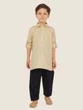 Cream Cotton Plain Kurta Set with Long Sleeve Kurta & Patiala style Pyjama For Boys