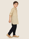 Cream Cotton Plain Kurta Set with Long Sleeve Kurta & Patiala style Pyjama For Boys