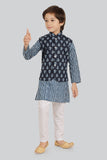 N.Blue Cotton Motif Printed Jacket Set with Long Sleeve Kurta & Pant style Pyjama For Boys