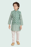 Green Cotton Motif Printed Jacket Set with Long Sleeve Kurta & Pant style Pyjama For Boys