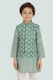 Green Cotton Motif Printed Jacket Set with Long Sleeve Kurta & Pant style Pyjama For Boys