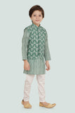 Green Cotton Motif Printed Jacket Set with Long Sleeve Kurta & Pant style Pyjama For Boys