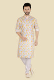 Gold Cotton Printed Kurta Set with Long Sleeve Kurta & Pant style Pyjama For Boys