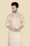 Gold Cotton Printed Kurta Set with Long Sleeve Kurta & Pant style Pyjama For Boys