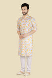 Gold Cotton Printed Kurta Set with Long Sleeve Kurta & Pant style Pyjama For Boys