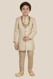 Fawn Jacquard Sherwani Set with Long Sleeve Kurt, Pant style Pyjama & Duppata For Boys