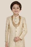 Fawn Jacquard Sherwani Set with Long Sleeve Kurt, Pant style Pyjama & Duppata For Boys