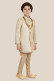 Fawn Jacquard Sherwani Set with Long Sleeve Kurt, Pant style Pyjama & Duppata For Boys