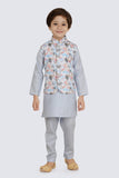 S.Blue MultiPrinted Jacket Set with Long Sleeve Kurta & Pant style Pyjama For Boys