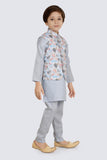 S.Blue MultiPrinted Jacket Set with Long Sleeve Kurta & Pant style Pyjama For Boys