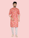 Pink Mens Printed Sequence Kurta Set with Long Sleeve Kurta & Pant style Pyjama For Boys