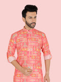 Pink Mens Printed Sequence Kurta Set with Long Sleeve Kurta & Pant style Pyjama For Boys