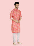 Pink Mens Printed Sequence Kurta Set with Long Sleeve Kurta & Pant style Pyjama For Boys