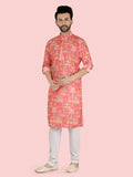 Pink Mens Printed Sequence Kurta Set with Long Sleeve Kurta & Pant style Pyjama For Boys