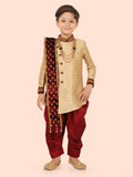 Fawn Heavy Jacquard Sherwani Set with Long Sleeve Kurta & Pant style Pyjama For Boys