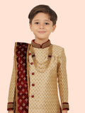 Fawn Heavy Jacquard Sherwani Set with Long Sleeve Kurta & Pant style Pyjama For Boys