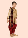 Fawn Heavy Jacquard Sherwani Set with Long Sleeve Kurta & Pant style Pyjama For Boys