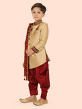 Fawn Heavy Jacquard Sherwani Set with Long Sleeve Kurta & Pant style Pyjama For Boys