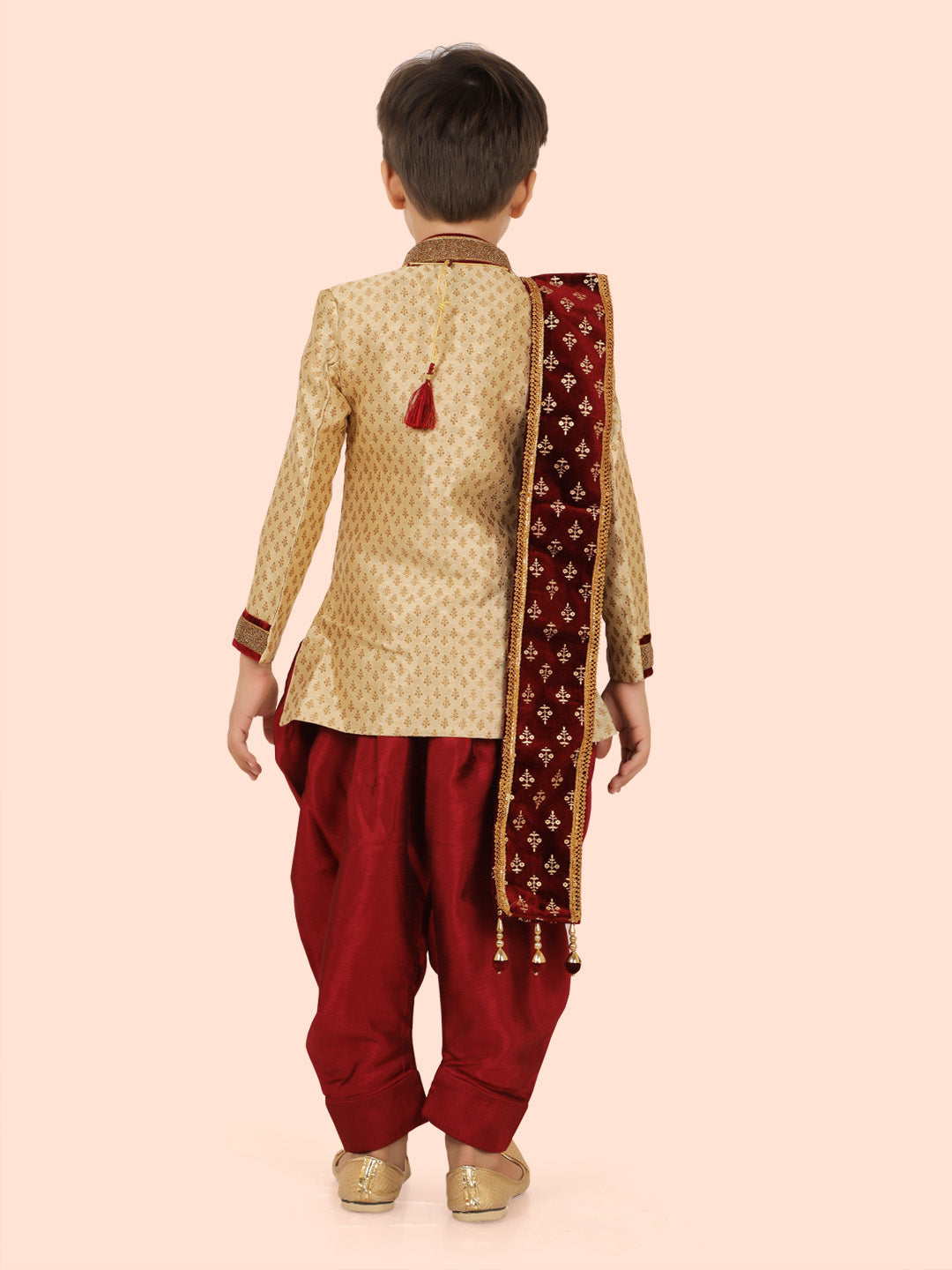 Fawn Heavy Jacquard Sherwani Set with Long Sleeve Kurta & Pant style Pyjama For Boys