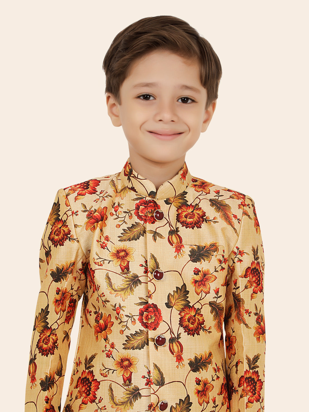 Fawn Jacquard Sherwani Set with Long Sleeve Kurta & Pant style Pyjama For Boys