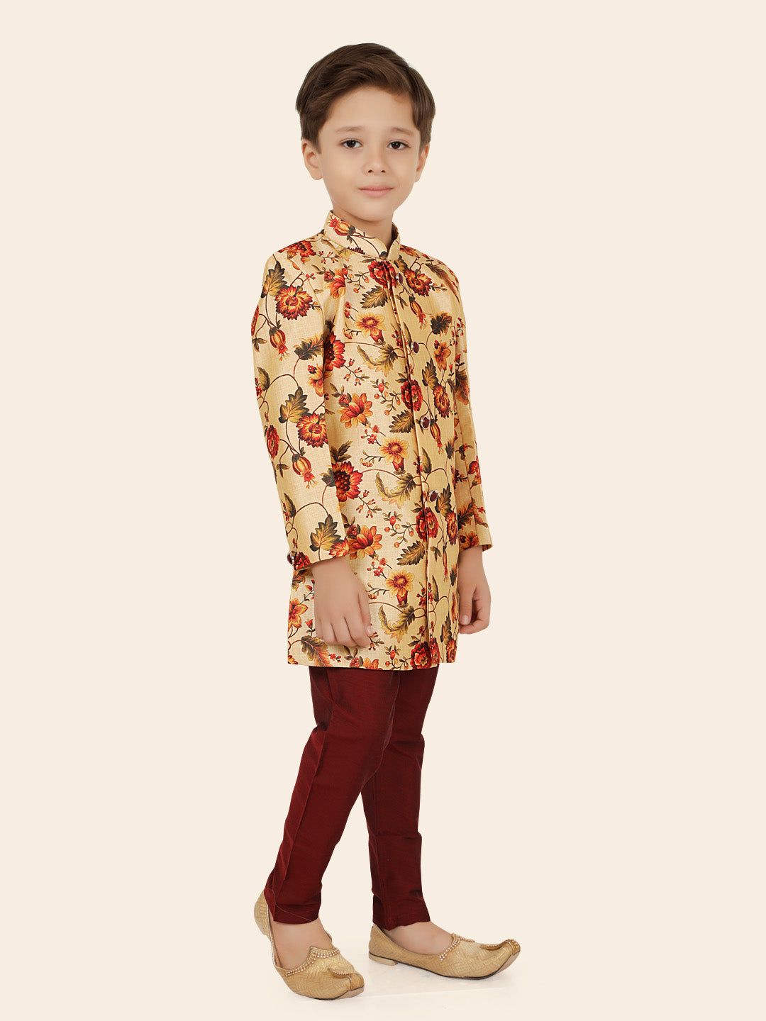 Fawn Jacquard Sherwani Set with Long Sleeve Kurta & Pant style Pyjama For Boys