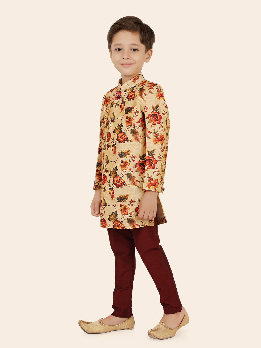 Fawn Jacquard Sherwani Set with Long Sleeve Kurta & Pant style Pyjama For Boys