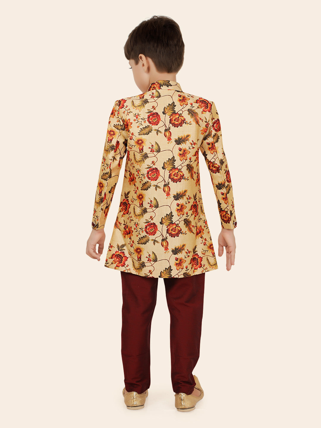 Fawn Jacquard Sherwani Set with Long Sleeve Kurta & Pant style Pyjama For Boys