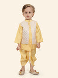 Gold Printed Sequence Jacket Set with Long Sleeve Kurta & Dhoti Style Bottom For Boys