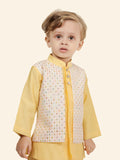 Gold Printed Sequence Jacket Set with Long Sleeve Kurta & Dhoti Style Bottom For Boys