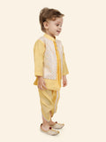 Gold Printed Sequence Jacket Set with Long Sleeve Kurta & Dhoti Style Bottom For Boys