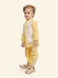 Gold Printed Sequence Jacket Set with Long Sleeve Kurta & Dhoti Style Bottom For Boys