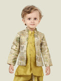 Green  Printed Sequence Jacket Set with Long Sleeve Kurta & Dhoti Style Bottom For Boys