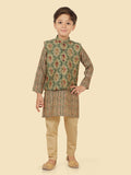 Green Printed MotifJacket Kurta Set with Long Sleeve Kurta & Pant style Pyjama For Boys