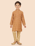 Gold Printed MotifJacket Kurta Set with Long Sleeve Kurta & Pant style Pyjama For Boys