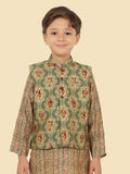 Green Printed MotifJacket Kurta Set with Long Sleeve Kurta & Pant style Pyjama For Boys