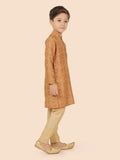 Gold Printed MotifJacket Kurta Set with Long Sleeve Kurta & Pant style Pyjama For Boys