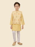 Gold Printed Sequence Jacket Kurta Set with Long Sleeve Kurta & Pant style Pyjama For Boys