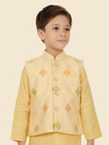 Gold Printed Sequence Jacket Kurta Set with Long Sleeve Kurta & Pant style Pyjama For Boys