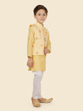 Gold Printed Sequence Jacket Kurta Set with Long Sleeve Kurta & Pant style Pyjama For Boys