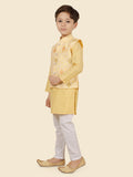 Gold Printed Sequence Jacket Kurta Set with Long Sleeve Kurta & Pant style Pyjama For Boys