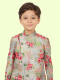 Green Floral Print Motif Kurta Set with Long Sleeve Kurta & Pant style Pyjama For Boys