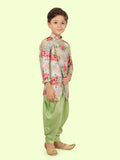 Green Floral Print Motif Kurta Set with Long Sleeve Kurta & Pant style Pyjama For Boys